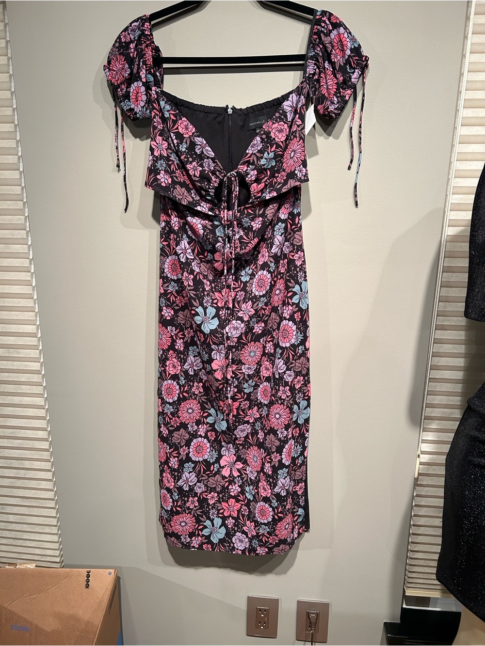 MAJORELLE Pink, Black & Light Blue Floral Tie-Front Midi Dress
